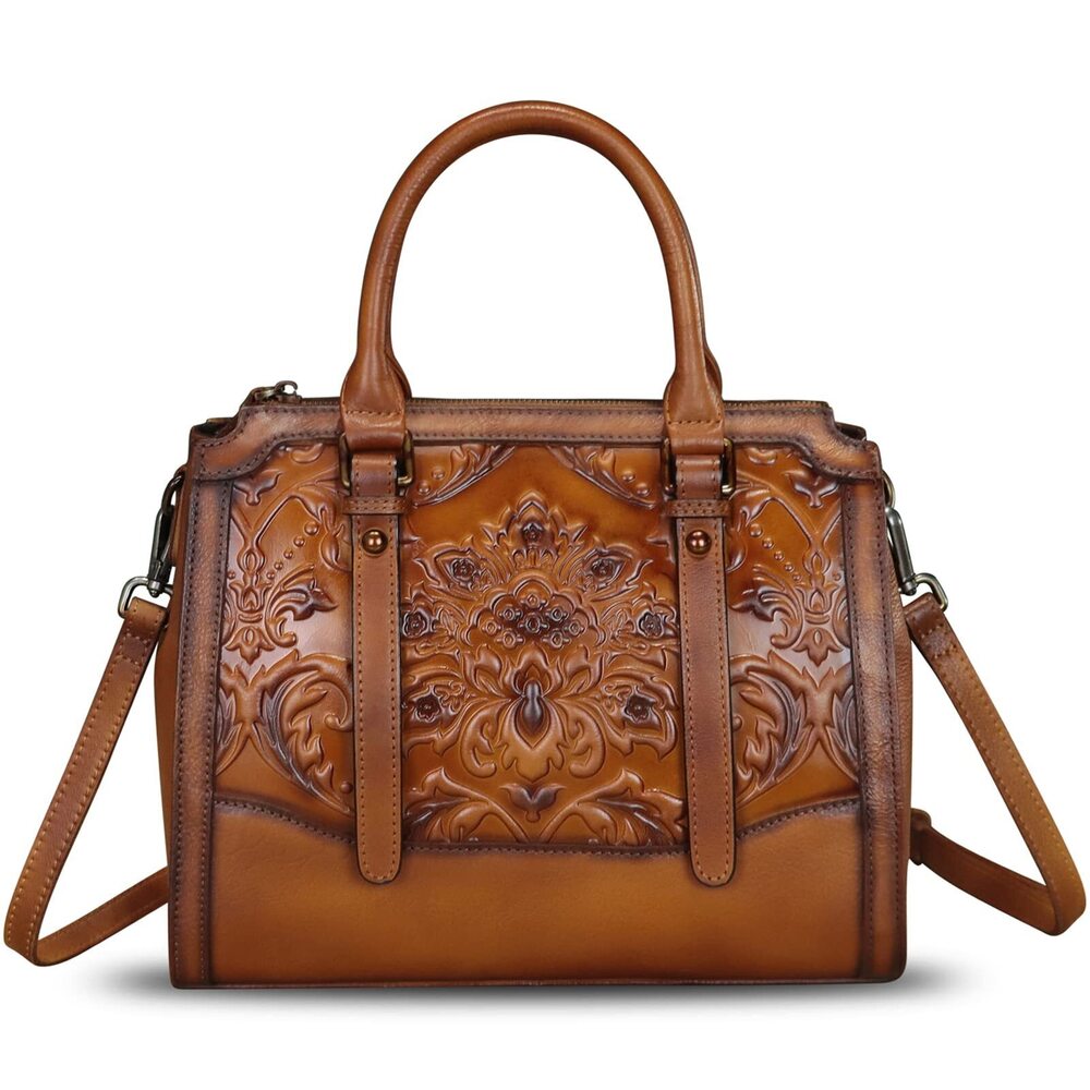 9846 Leather Satchel Embossed Leather Top Handle Bags Handmade Purse